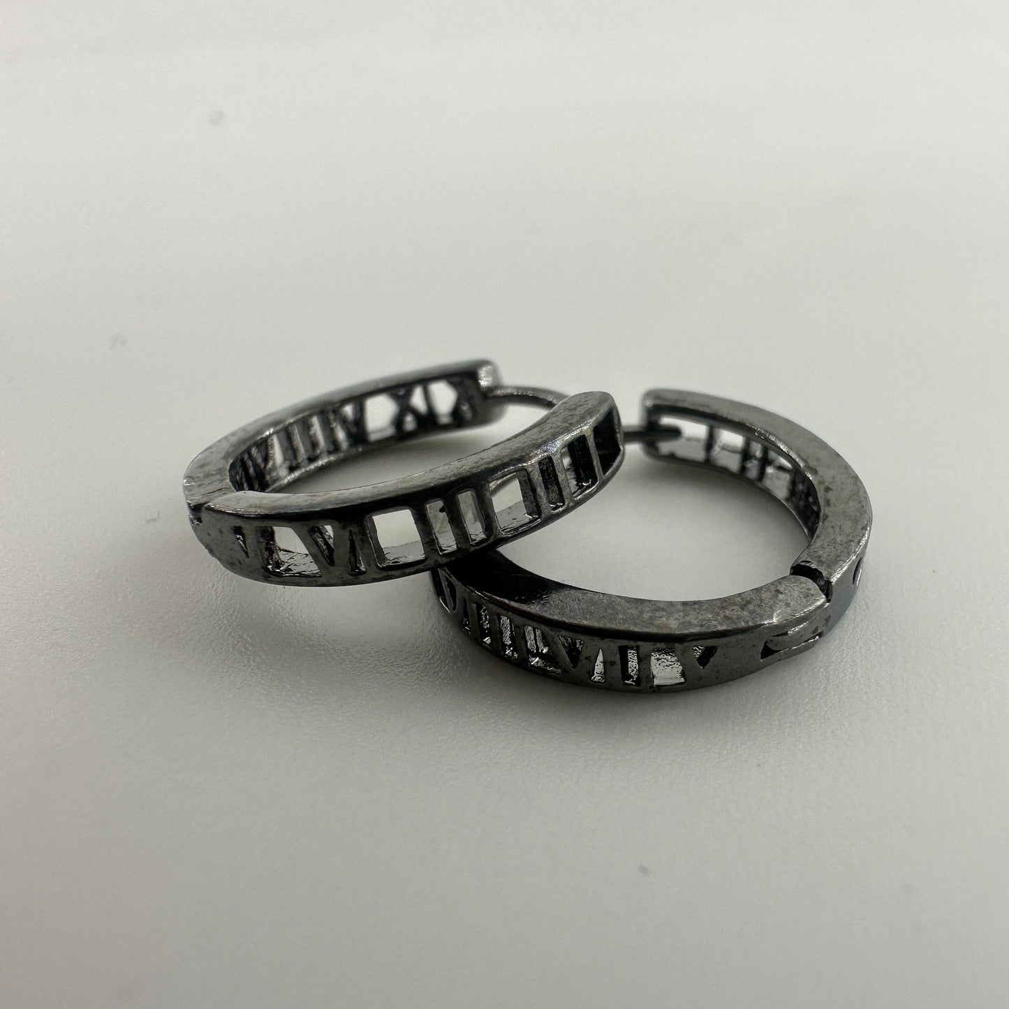 Black Mens Earrings, Roman Numerial, Hoop Earring, Gun Metal Grey, Man Silver Hoop Earrings, Huggie Earring For Men, Earrings For Him, A135