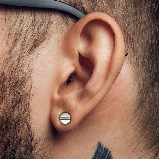 Screw Head Earrings Handcrafted Gun Metal Grey Earrings men's gift, Industrial Modern Man Geometric Jewellery with a Twist, A323