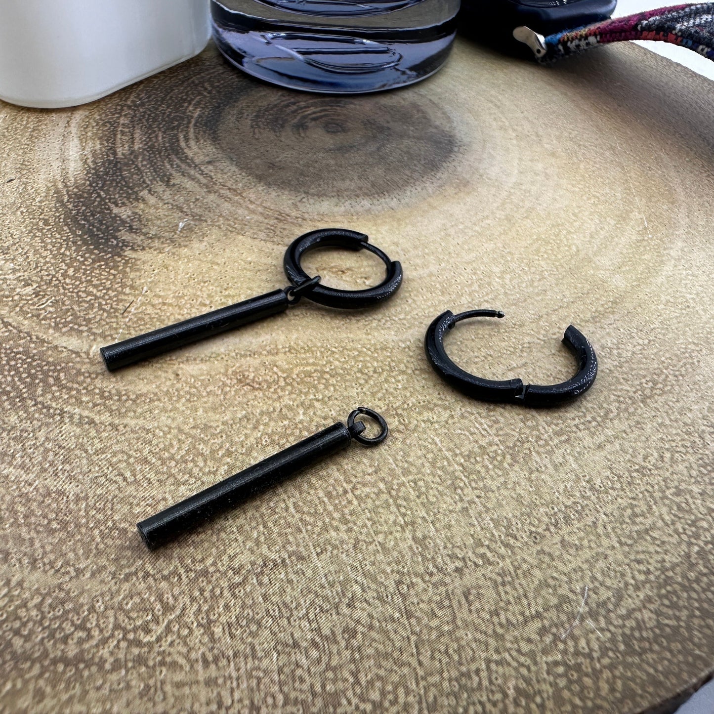 Black Vertical Bar Hoops, Black Long Bar Hoops, Huggie Hoop Earrings, Mans Earrings, Bar Dangle Hoops, Minimalist Hoops, segment hoop, A128