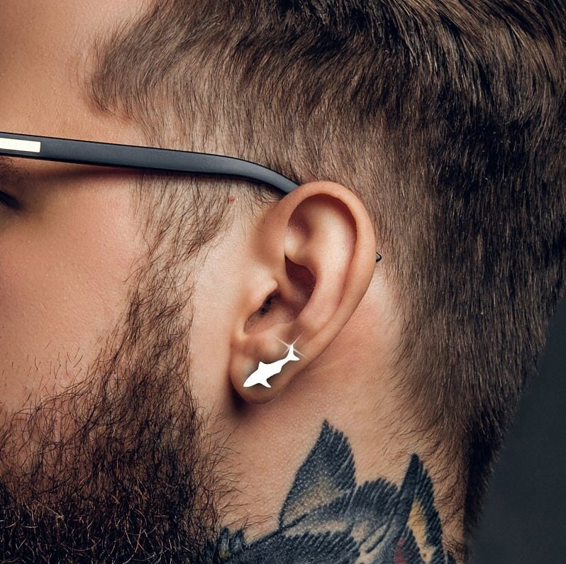 Mens Surf Earrings - Silver Stud Earrings Men Shark Earrings, Boho Beachy Minimalist Male Earring Silver Mens Stud Earrings, A305