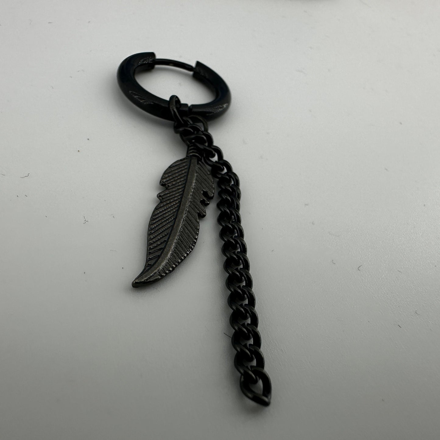 Black Feather and Chain, Earring, Mens Earrings, Black Bar Earrings, Minimalist, Male Earring, Mens, Single earring for Men, A120