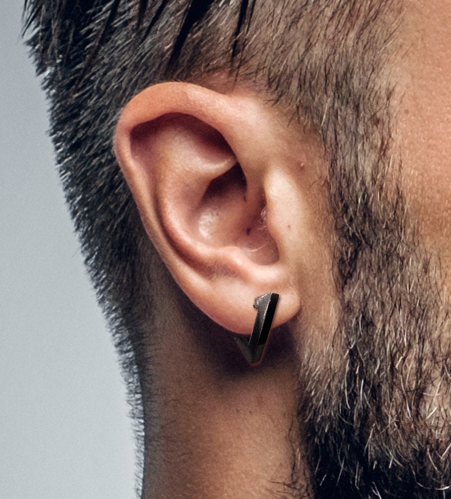 Mens Earrings - Black Triangle Earring, Men, Minimalist Male Earring, Sterling Silver, Mens Stud Earrings, Single earring for Men, A311