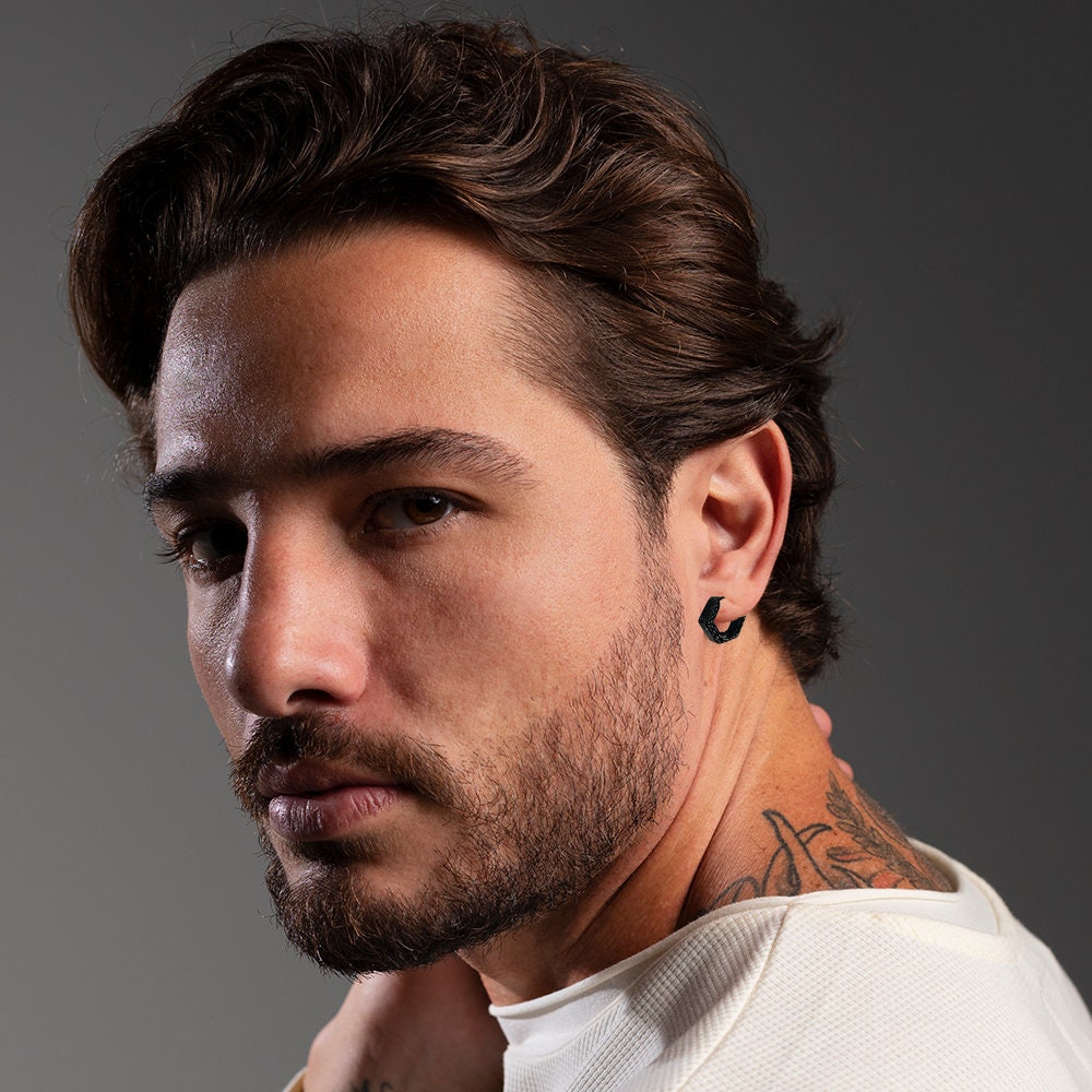 Mens Hoop Earrings - Black Earring Mens Minimalist Male Hoop Earring, Black Mens Huggie Earrings Single earring for Men, A319