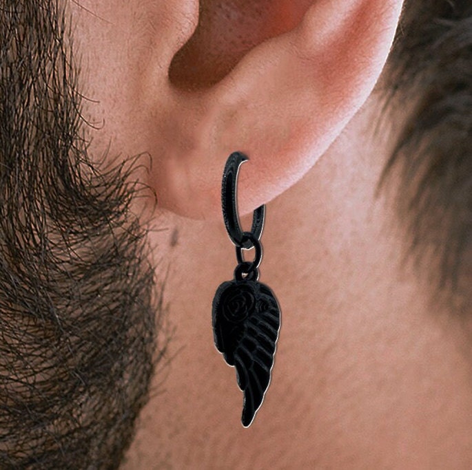 Mens Angel Wing Earrings, Huggie Hoop Earring, Mens Black Earrings, Male Earrings, Black Earrings, Hoop Earring - Single Hoop Earring, A102