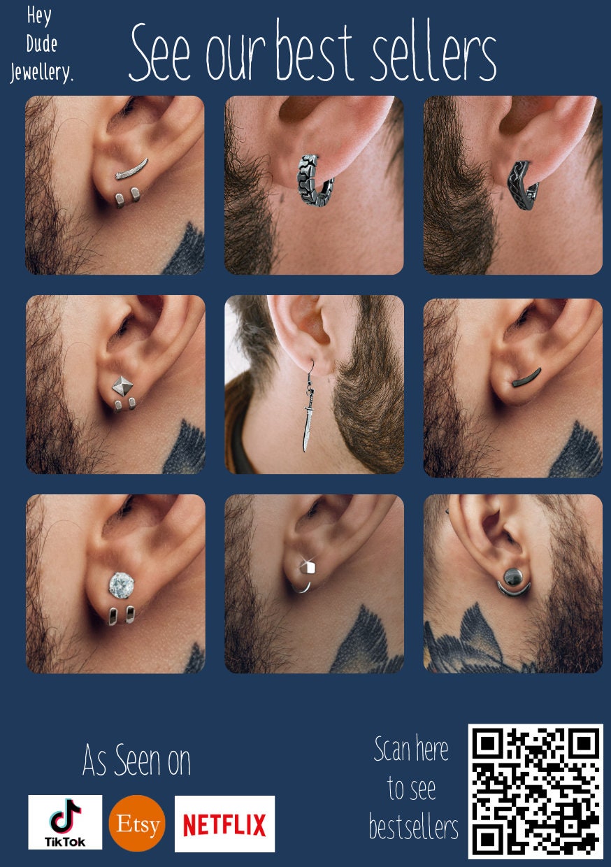 Mens Earrings - Stud Earrings, Mens Studs, Gift for Him, Male Earring, Black Earrings, Edgy, Hoops for Men, Black hoops, Man earrings, A319