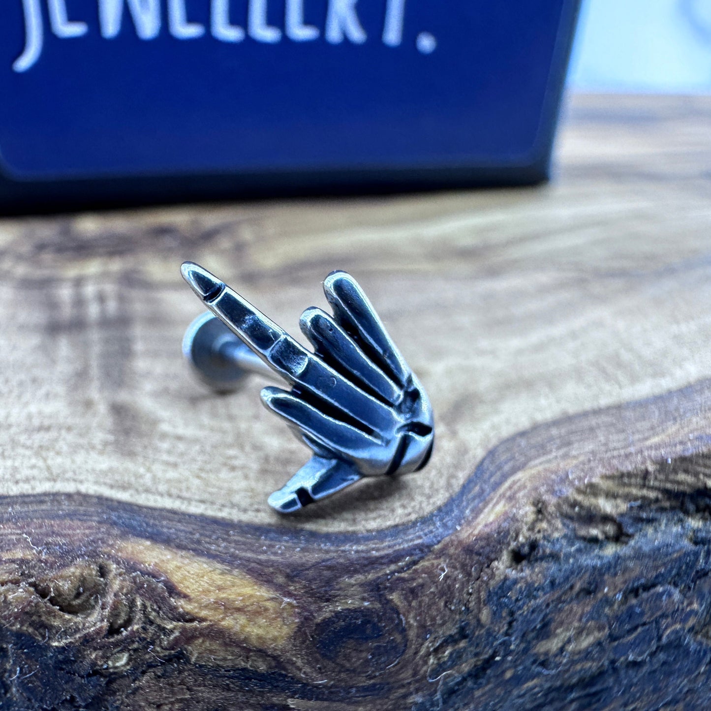 Helix Flat back Earring Piercing | Surgical Steel Tragus Cartilage Skeleton Hand Threaded Earring with screw back men women earrings, A473