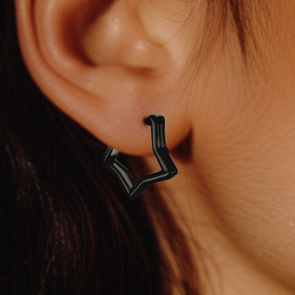 Black Star Hoops - Black Huggie Earring, Minimalist Women Earring, Chunky Star Black Hoops, Womens Earrings, Minimalist Earrings, A413