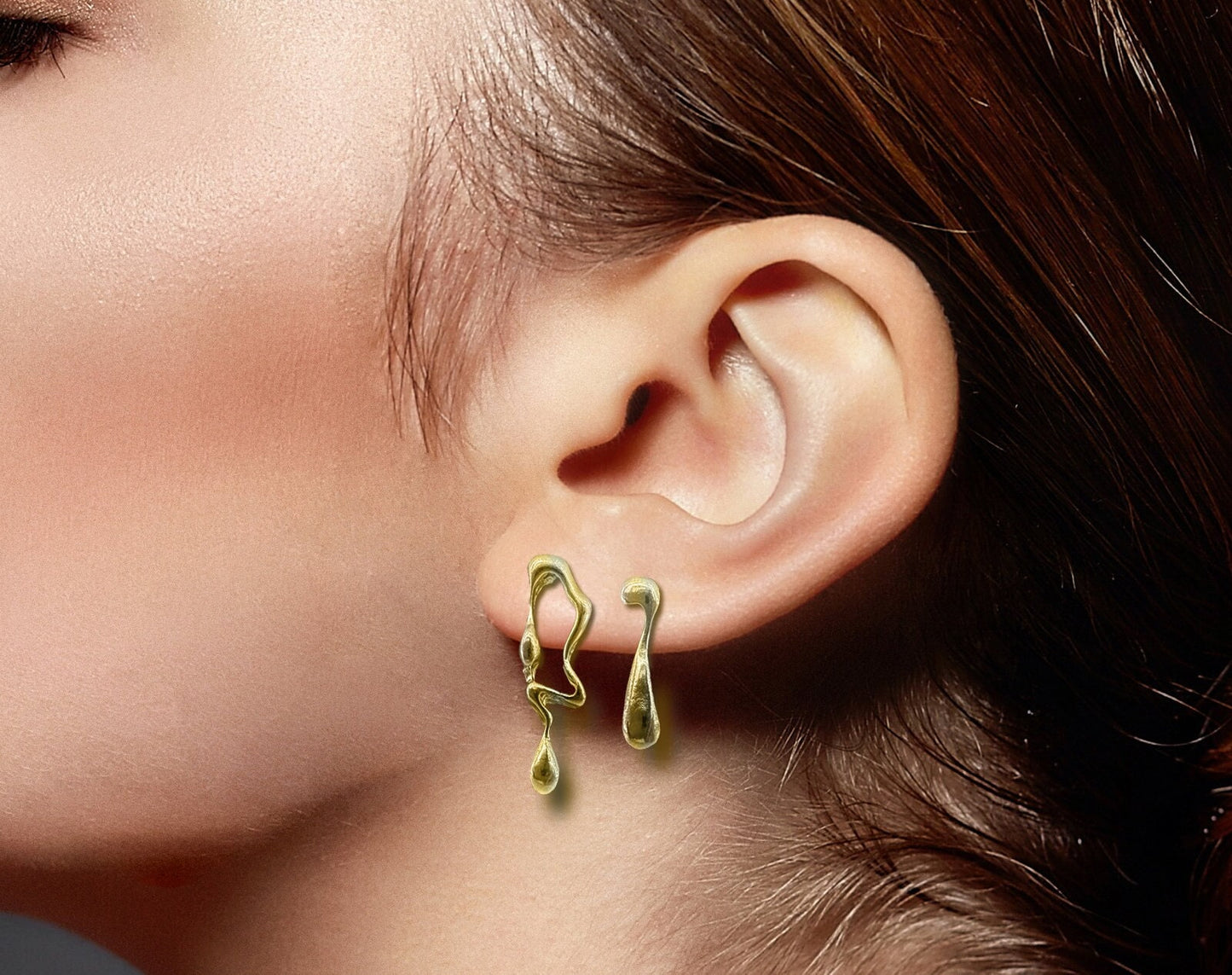 Mismatched Stud Earrings, Gold, Dripping Asymmetrical Earring Studs, Irregular, metallic liquid stud, Minimalist Earrings, A496