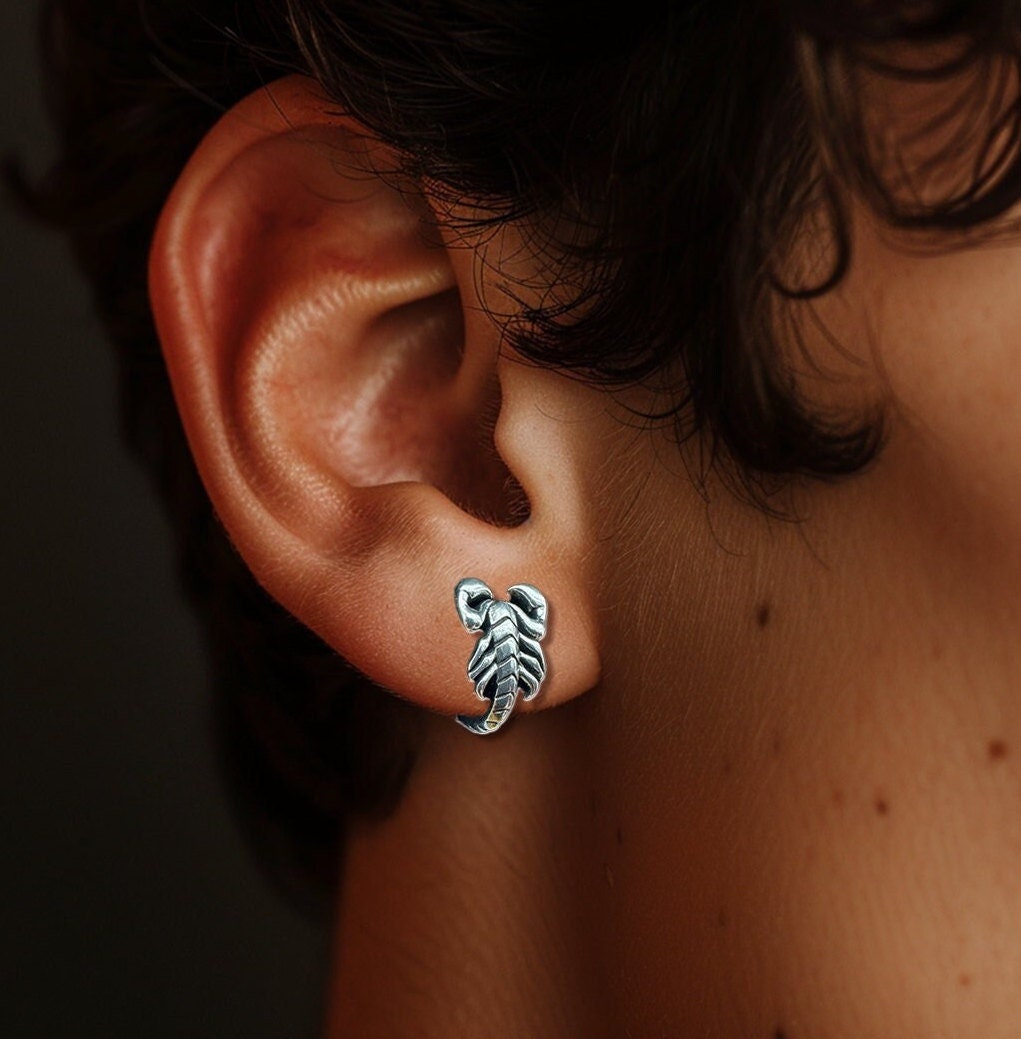Mens Earrings - Silver Stud Earrings, Men, Minimalist Earring, Scorpion Studs, Mens Stud Earrings, Studs for Men, wrap around earrings, A484