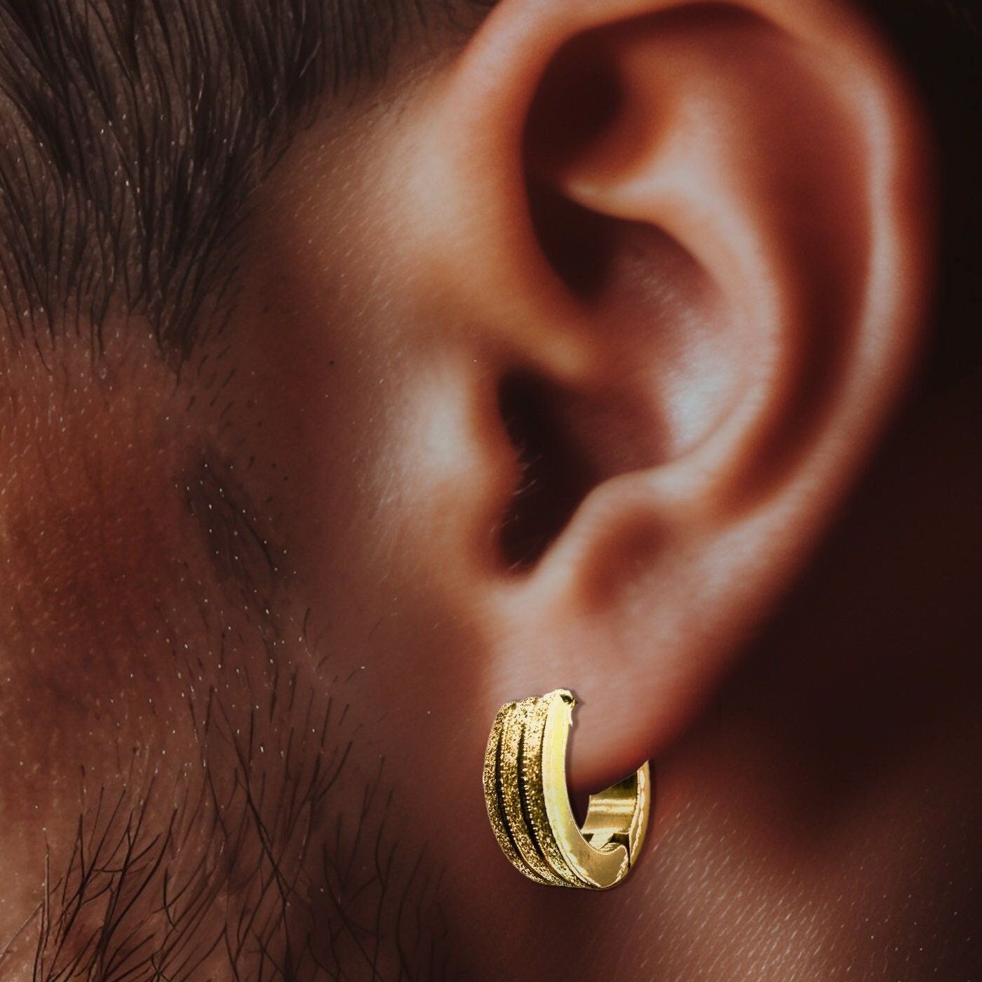 Mens Gold Earrings, Mens Silver Huggie Earrings, 12mm Hoop Earrings For Men, Detailed Patterned Hoop, goldhoop earrings, Minimalist, A189