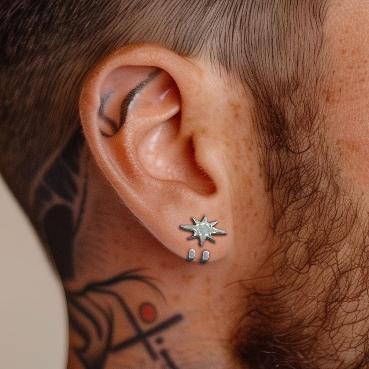 Mens Earrings - Silver Star wraparound Earrings, Minimalist Cuff Earrings, Manly Earrings, Silver, Mens Stud Earrings, Mens Studs, A504