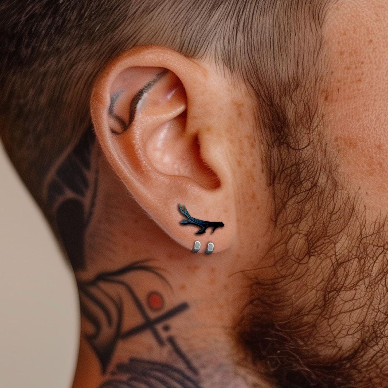 Mens Earrings - Black Antler wraparound Earrings, Minimalist Cuff Earrings, Silver, Mens Stud Earrings, Mens Studs, A507