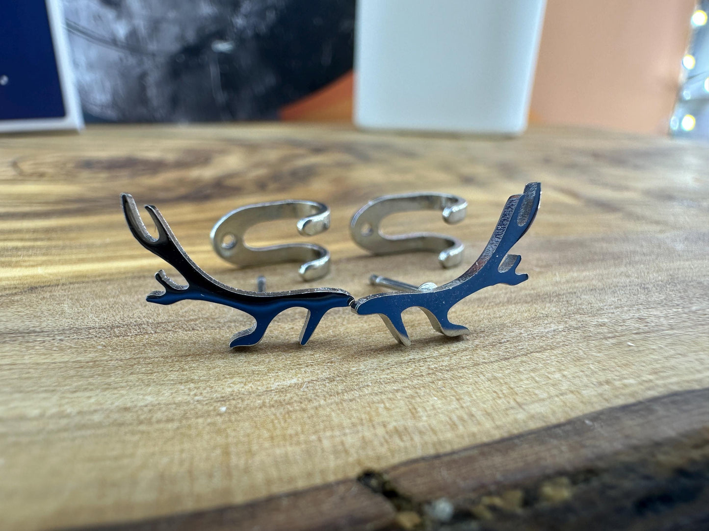 Mens Earrings - Silver Antler wraparound Earrings, Minimalist Cuff Earrings, Sterling Silver, Mens Stud Earrings, Mens Studs, A508