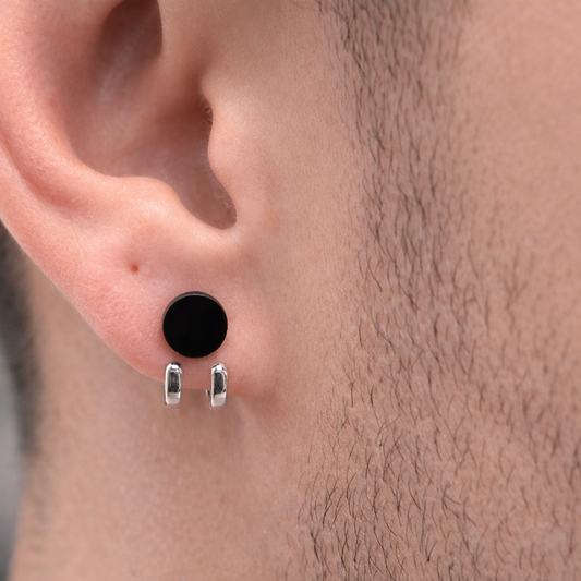 Black Mens Earrings - Silver Stud Earrings, Minimalist Male Earring, Black Earrings Silver Mens Stud Earrings, Studs for Men, hoop, A008