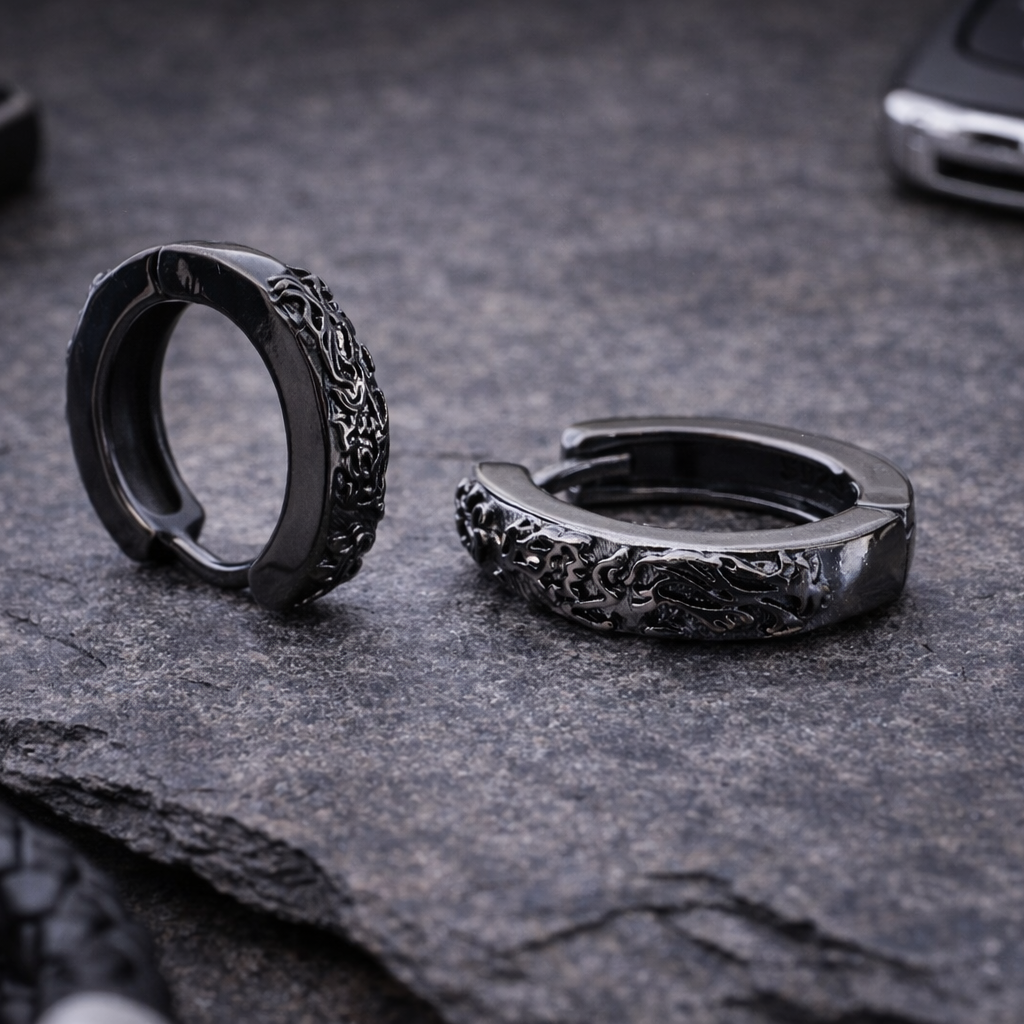 Mens Earrings - Black Earrings, Men, Edgy Male Earring, Dragon Glass, Mens Hoop Earrings, Hoops for Men, Rune hoop earrings, A339
