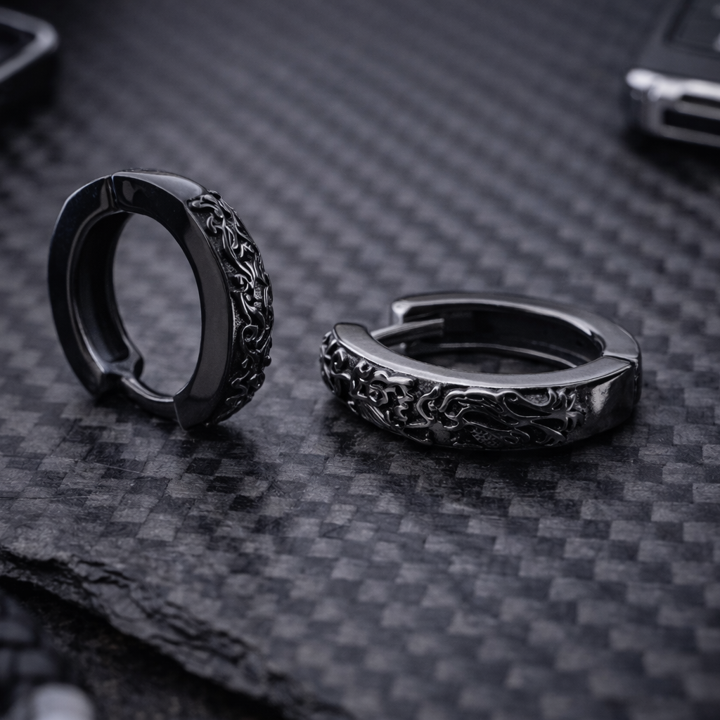 Mens Earrings - Black Earrings, Men, Edgy Male Earring, Dragon Glass, Mens Hoop Earrings, Hoops for Men, Rune hoop earrings, A339