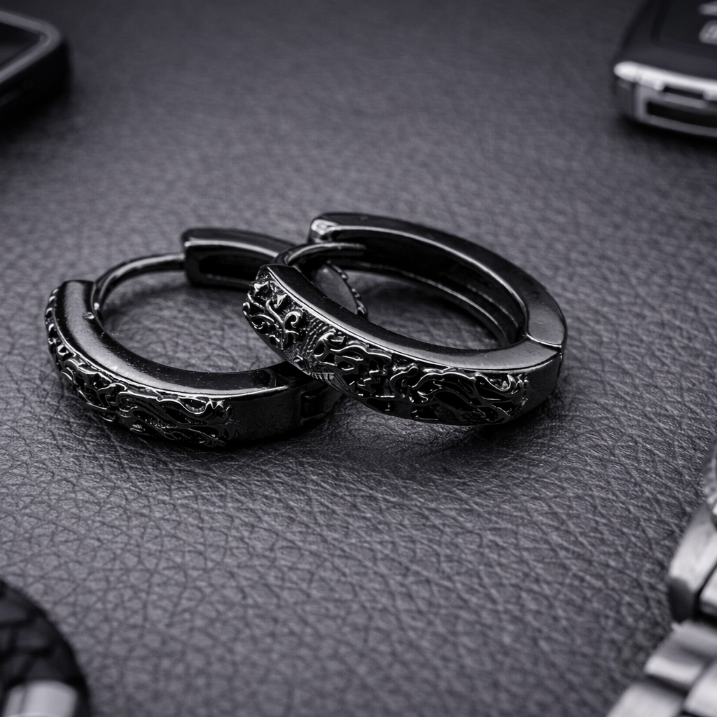 Mens Earrings - Black Earrings, Men, Edgy Male Earring, Dragon Glass, Mens Hoop Earrings, Hoops for Men, Rune hoop earrings, A339