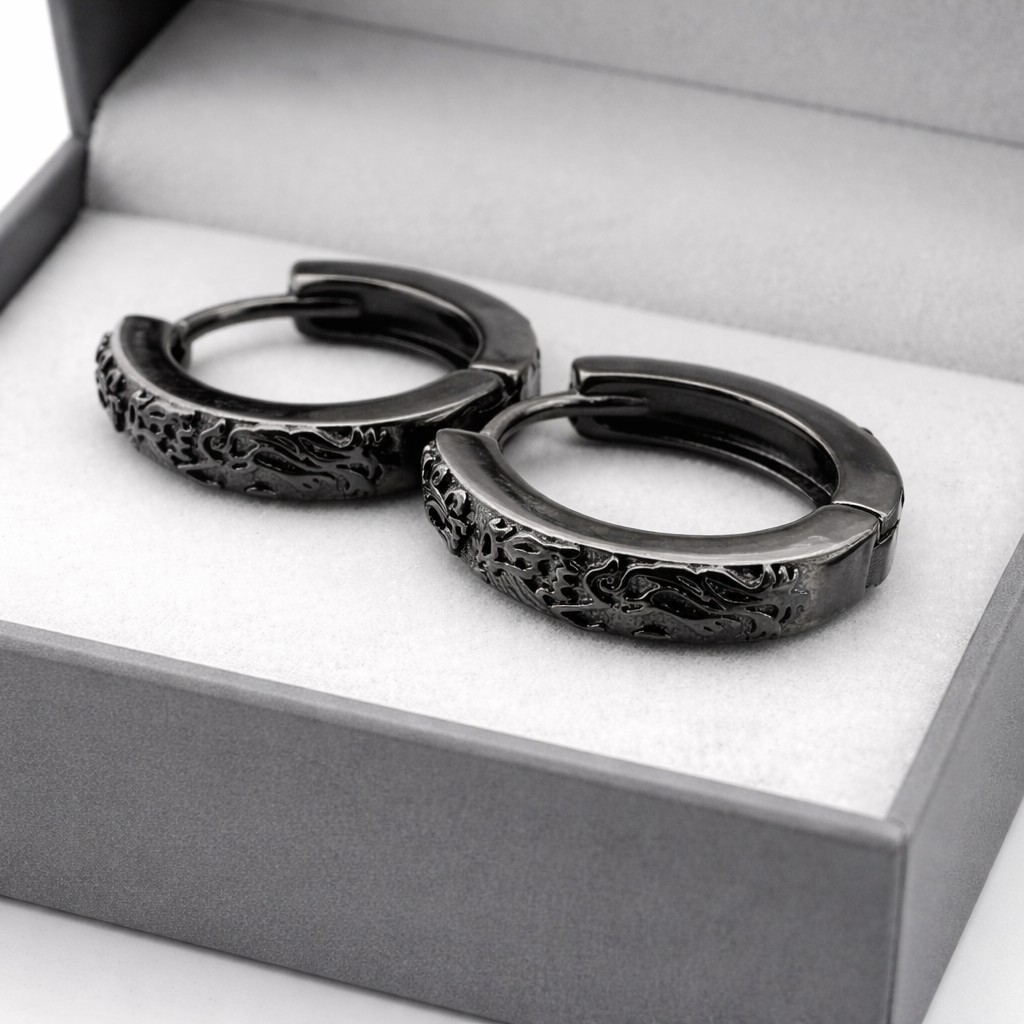 Mens Earrings - Black Earrings, Men, Edgy Male Earring, Dragon Glass, Mens Hoop Earrings, Hoops for Men, Rune hoop earrings, A339
