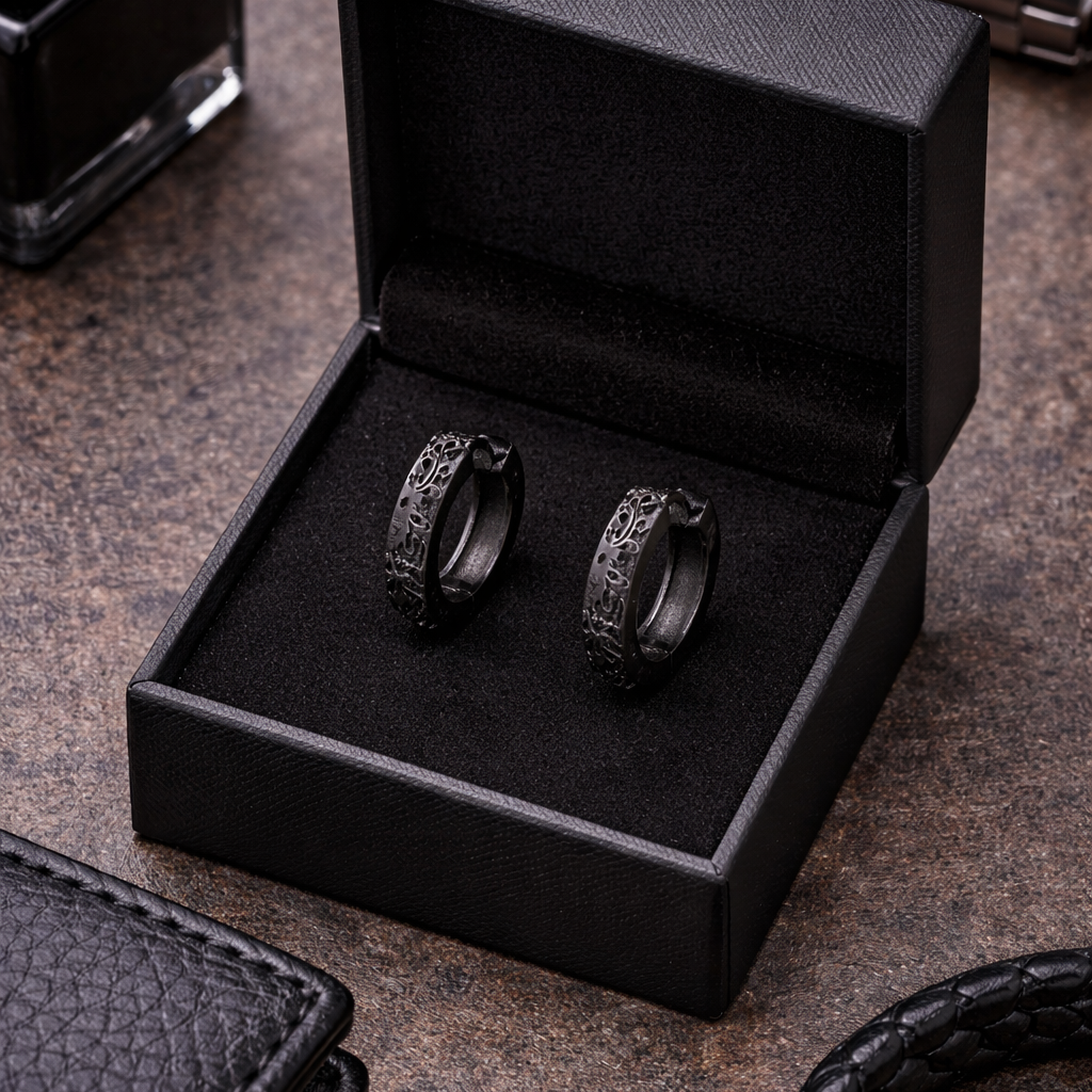 Mens Earrings - Black Earrings, Men, Edgy Male Earring, Dragon Glass, Mens Hoop Earrings, Hoops for Men, Rune hoop earrings, A339