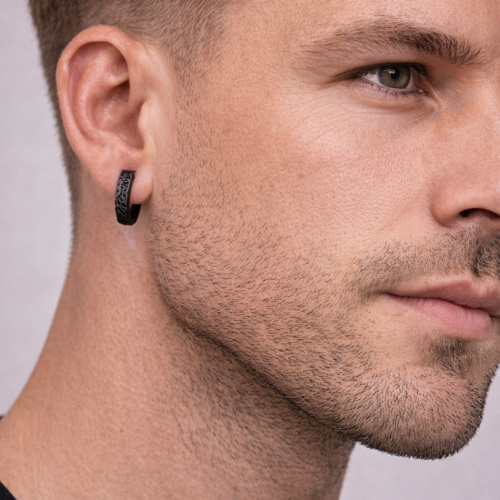 Mens Earrings - Black Earrings, Men, Edgy Male Earring, Dragon Glass, Mens Hoop Earrings, Hoops for Men, Rune hoop earrings, A339