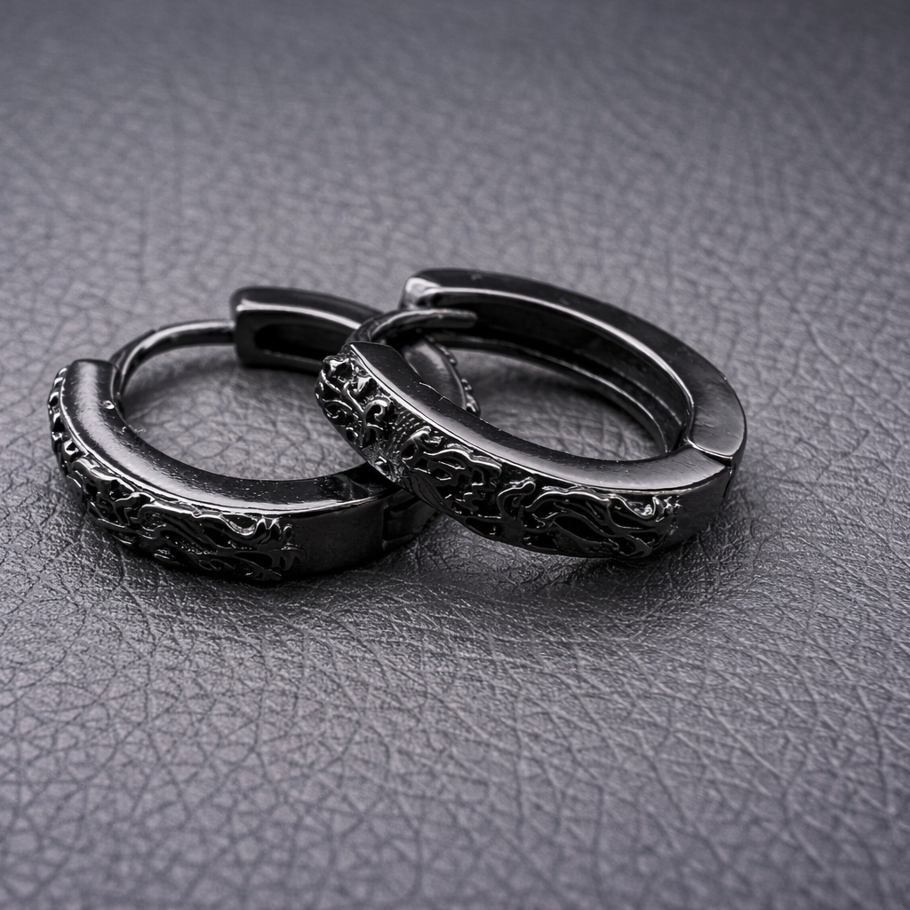 Mens Earrings - Black Earrings, Men, Edgy Male Earring, Dragon Glass, Mens Hoop Earrings, Hoops for Men, Rune hoop earrings, A339