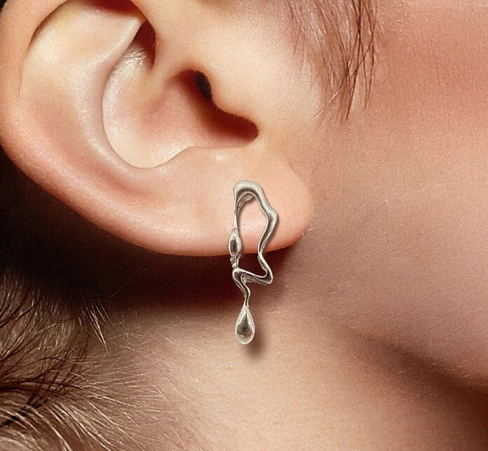 Mismatched Stud Earrings, 925, Silver, Dripping Asymmetrical Earring Studs, Irregular, metallic liquid stud, Minimalist Earrings, A145