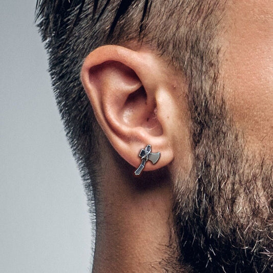 Nordic Axe stud earrings as edgy axe earrings that are perfect for edgy men seeking silver mens stud earrings with a Viking touch. A358