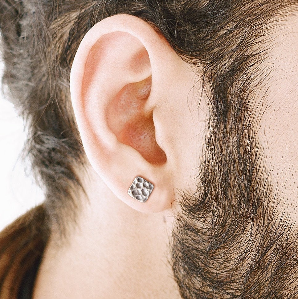 Hammered Earrings - Silver Mens Earrings Handcrafted Hammered Square Earrings Minimalist Statement Jewellery for Every Occasion, A324