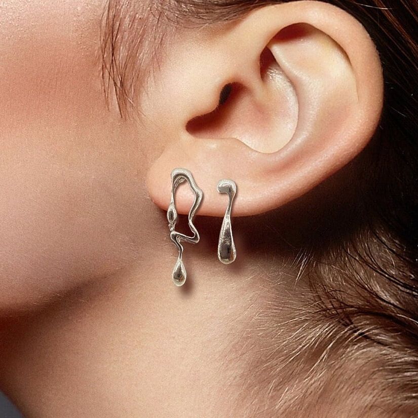 Mismatched Stud Earrings, 925, Silver, Dripping Asymmetrical Earring Studs, Irregular, metallic liquid stud, Minimalist Earrings, A145