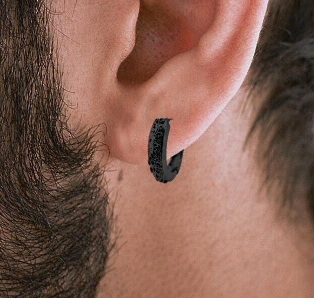 Mens Earrings - Black Earrings, Men, Edgy Male Earring, Dragon Glass, Mens Hoop Earrings, Hoops for Men, Rune hoop earrings, A339