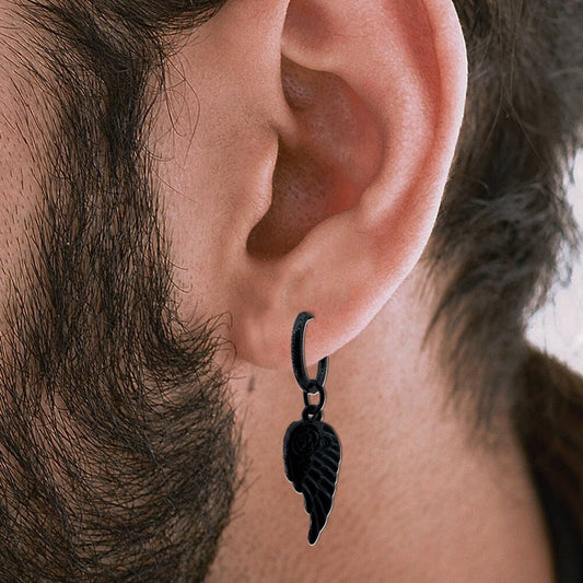 Mens Angel Wing Earrings, Huggie Hoop Earring, Mens Black Earrings, Male Earrings, Black Earrings, Hoop Earring - Single Hoop Earring, A102