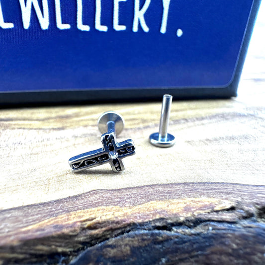 Labret Flat Back Earring Piercing | Surgical Steel Cross Tragus Helix Cartilage Internally Threaded Earring men women earrings, A474