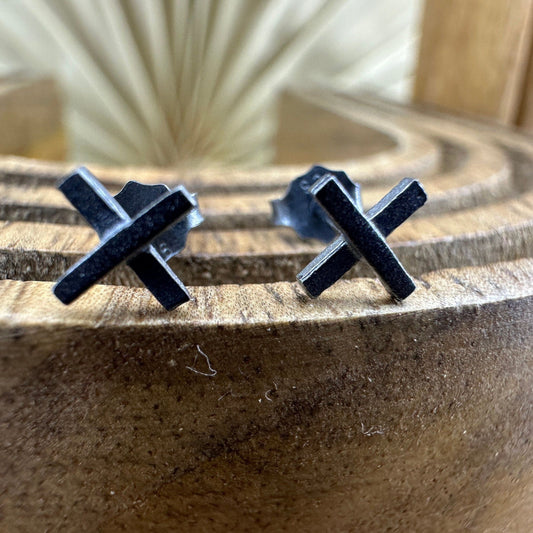 Mens Earrings - Silver Stud Earrings, Mens Minimalist Grey Silver Earring, Sterling Silver Mens Stud Earrings, Cross Studs for Men, A326