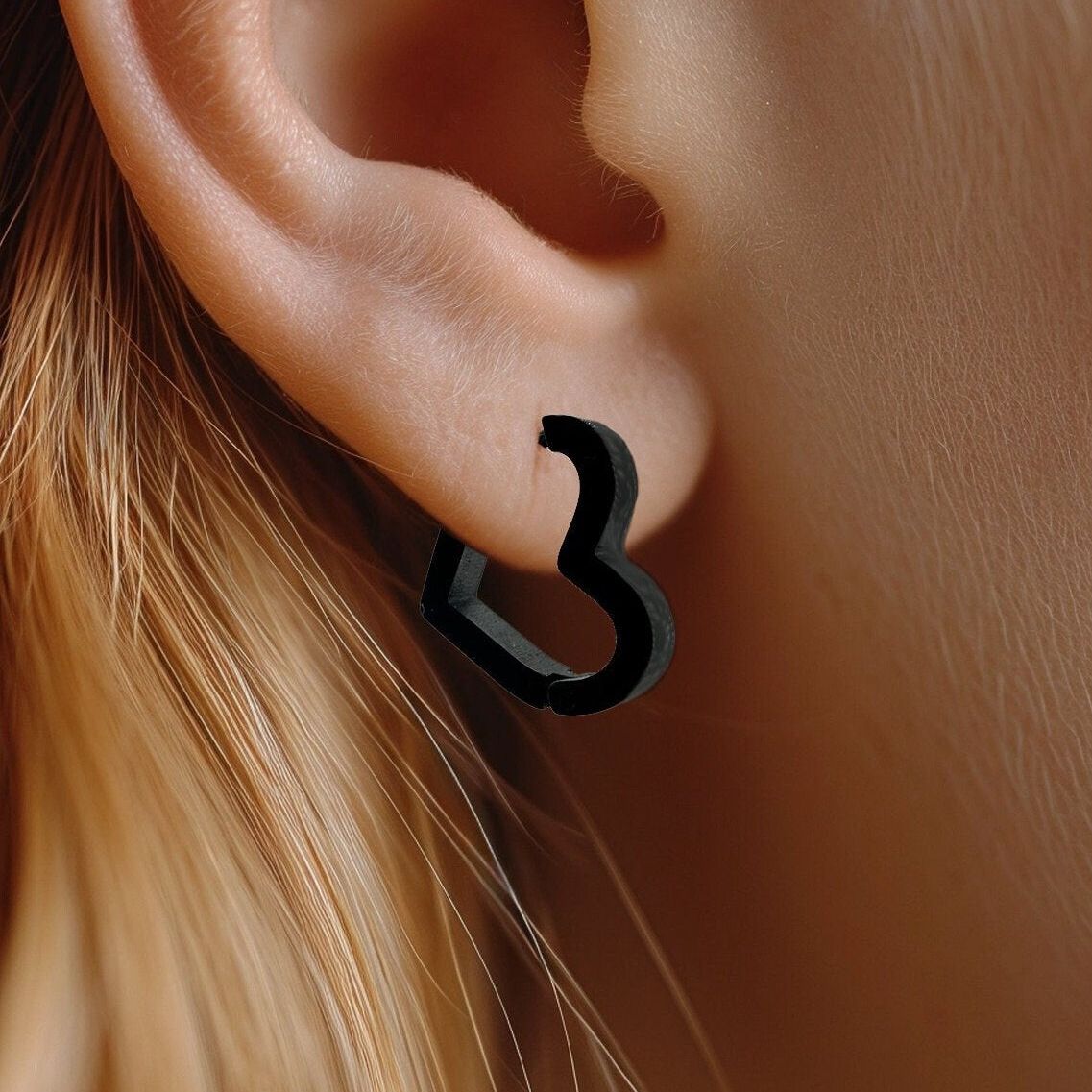 Womens Black Earrings - Black Heart Huggie Earring, Minimalist Women Earring, Chunky Black Hoops, Womens Hoop Earrings, Heart Earrings, A432