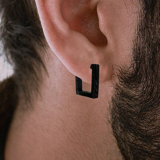 Earrings hoops men-stainless-steel, Mens Hoop Earrings, Black Edgy Rectangle Huggie Earring, thick hoop earrings, Black Earrings, A433