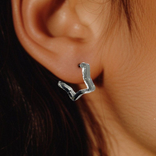 Womens Hoop Earrings - Silver Star Huggie Earring, Minimalist Women Earring, Chunky Silver Hoops, Womens Stud Earrings, Star Earrings, A414