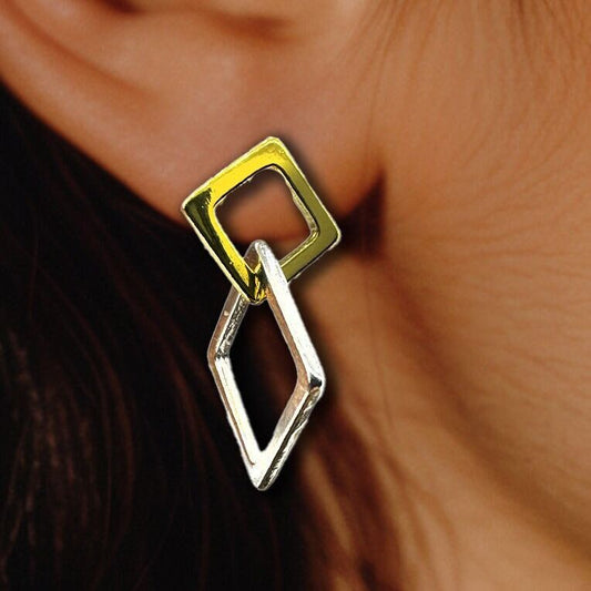 Two tone earrings, Gold Dangle Huggie, double hoop earrings, two tone hoops, Geometric earrings, double link earrings, dainty earrings, A417