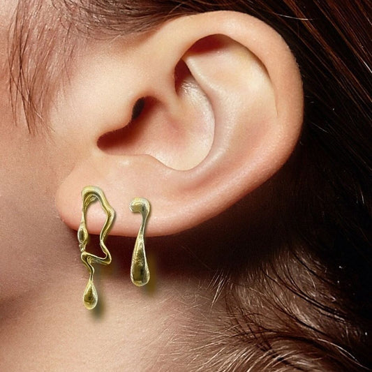 Mismatched Stud Earrings, Gold, Dripping Asymmetrical Earring Studs, Irregular, metallic liquid stud, Minimalist Earrings, A496