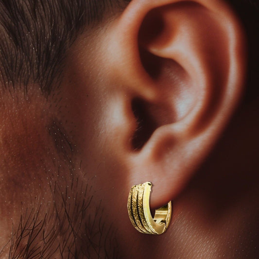 Mens Gold Earrings, Mens Silver Huggie Earrings, 12mm Hoop Earrings For Men, Detailed Patterned Hoop, goldhoop earrings, Minimalist, A189