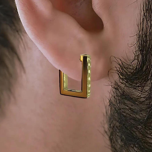 Gold Rectangle Huggie Earring, Mens Earrings, gift-for man, gift for manly man, bestfriend gift, Goldhoop, Hoop Earrings, Mens Hoops, A434