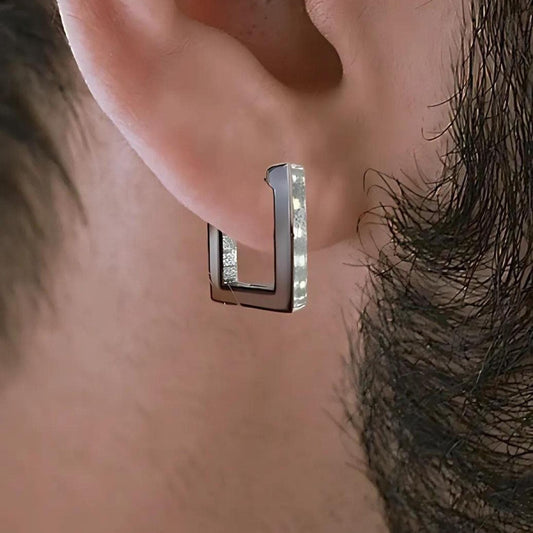 Thick huggies, Manly Earrings - Silver Rectangle Huggie Earring, gift for manly man, Mens Huggie Hoop Earring, Silver Earrings, A435