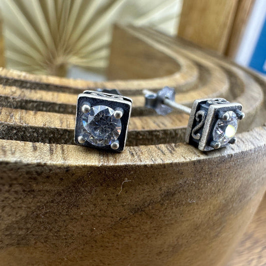 Moissanite Stud Earrings - Silver Stud Earrings, Gothic Masonite Stud Earrings, Edgy Studs, Silver, Womens Jewellery, Gift for her him, A360