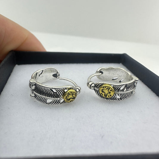Mens Feather Chunky Hoop Earring, Man Silver Hoop Earrings, Grunge Earring, Edgy Earrings For Men Earrings For Him, A150