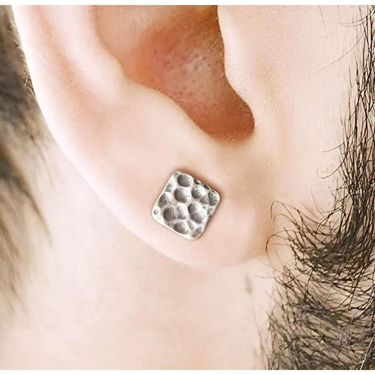 Hammered Earrings - Silver Mens Earrings Handcrafted Hammered Square Earrings Minimalist Statement Jewellery for Every Occasion, A324