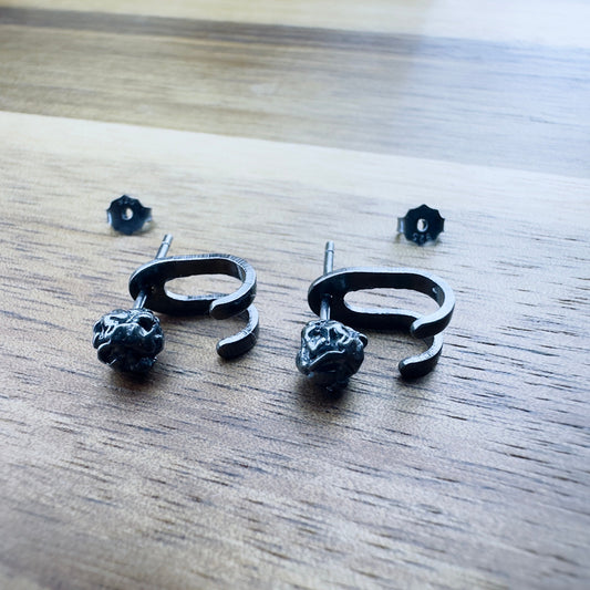 Mens Earrings - Silver Stud Earrings, Men, Edgy, Viking, Obsidian Earring, Grunge, Mens Stud Earrings, Studs for Men, cuff earring, A489