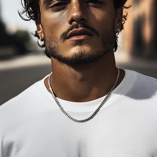 Silver Chain Necklace for Men - Miami Cuban Chain - 50cm - Stainless Mens Silver Cuban Chain - Waterproof Chain - Silver Necklace, B005