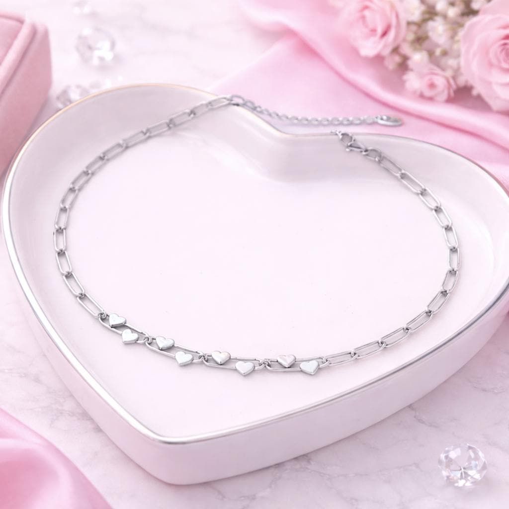 Silver Heart Chain Necklace – Dainty Paperclip Link Necklace – Minimal Heart Charm – Romantic Gift for Her – Everyday Gold Necklace - B027