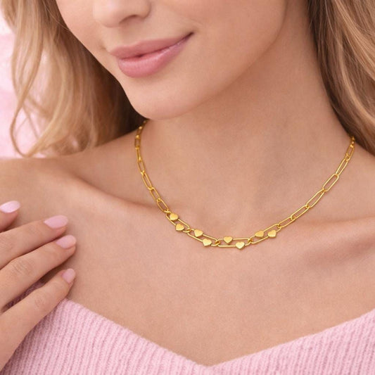 Gold Heart Chain Necklace – Dainty Paperclip Link Necklace – Minimal Heart Charm Necklace – Romantic Gift for Her – Everyday Gold Necklace