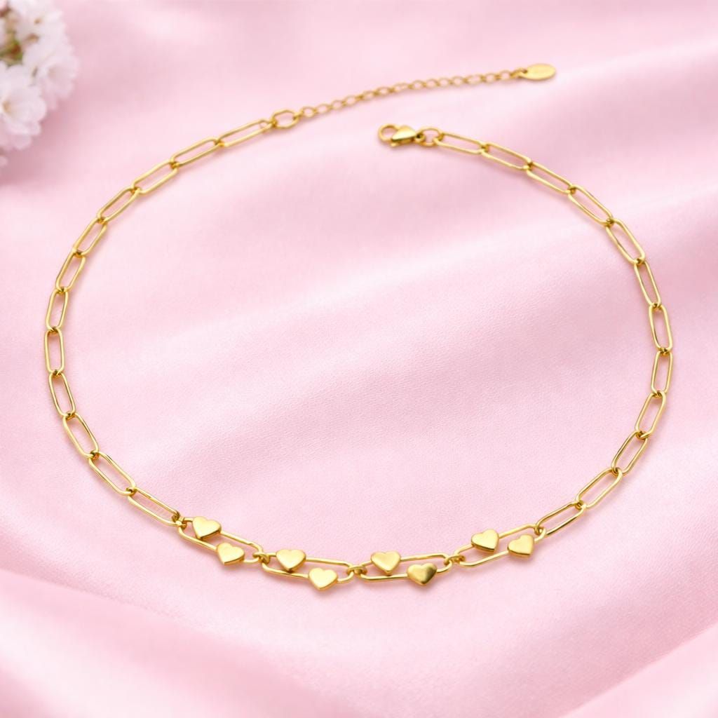 Gold Heart Chain Necklace – Dainty Paperclip Link Necklace – Minimal Heart Charm Necklace – Romantic Gift for Her – Everyday Gold Necklace