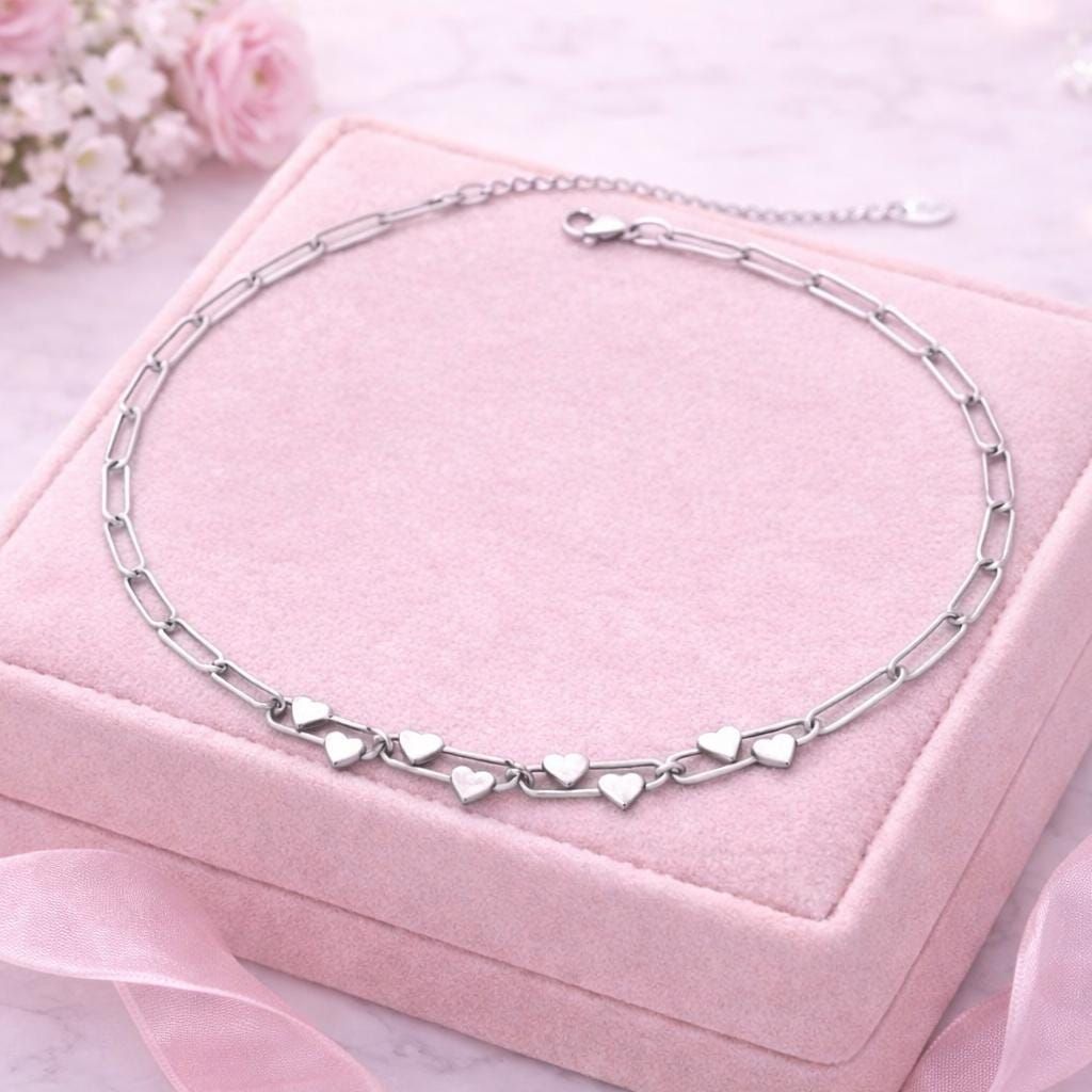 Silver Heart Chain Necklace – Dainty Paperclip Link Necklace – Minimal Heart Charm – Romantic Gift for Her – Everyday Gold Necklace - B027